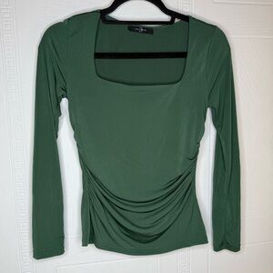 21 Saints Dark Green Ruched Square Neck Stretch Long Sleeve Top Lined Small